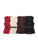 Women's Long Waistcoat with Belt, Front Gold Button, O Neck Sleeveless Vest, Female Outerwear, Chic Tops, Fashion