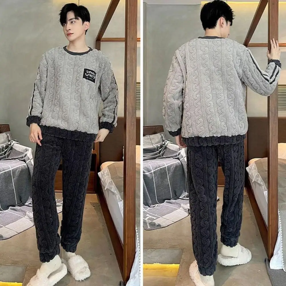 Men's Pajamas Set Round Neck Long Sleeve Thick Twisted Texture for Men