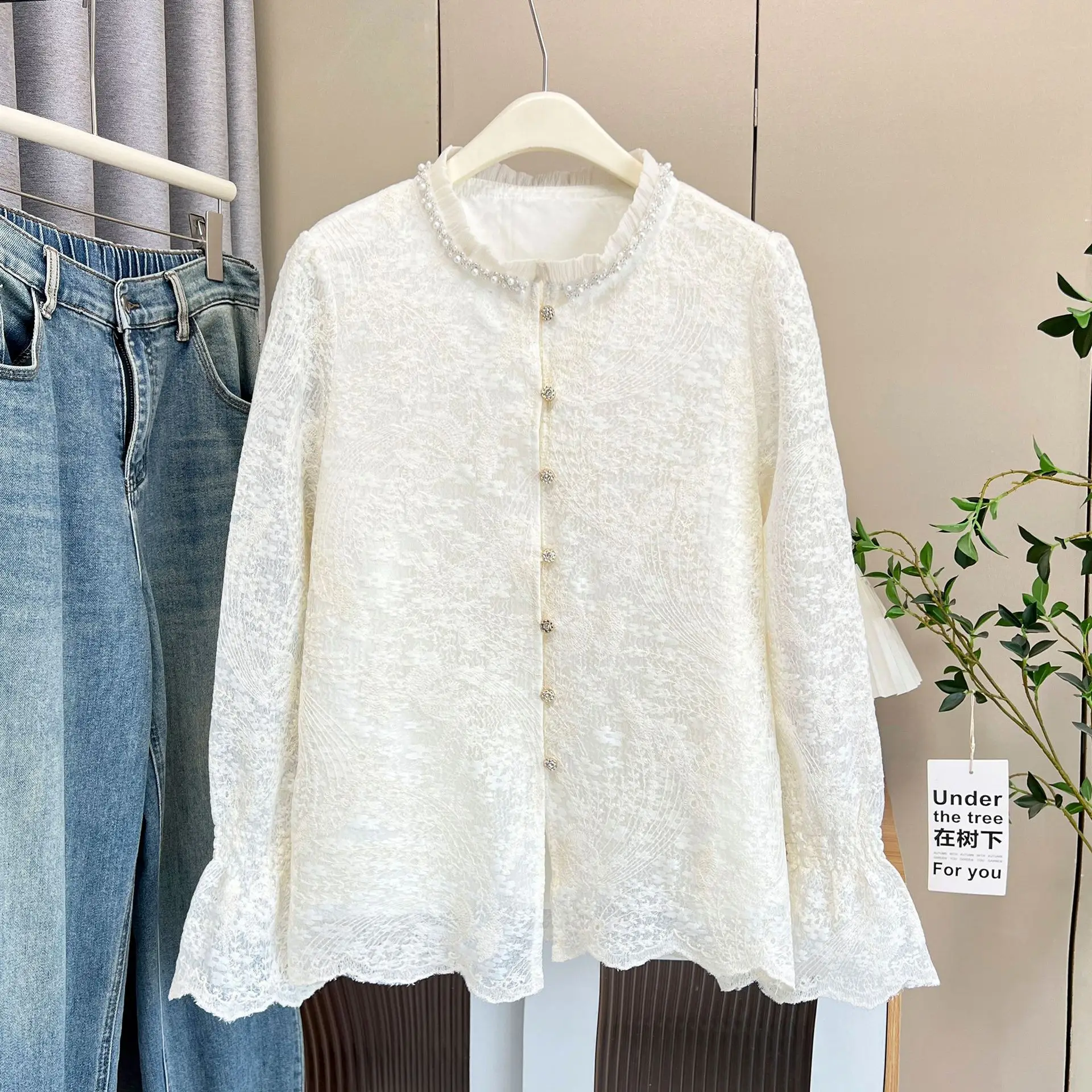 100kg Fashion Beaded Ruffles Collar Lace Long Sleeve Shirt Spring Plus Size Temperament Women Blouses 498