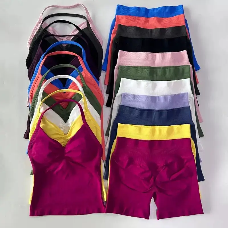 Sexy Halter Neck Beautiful Back High Waist Peach Sports Bras Shorts Suit Pilates Gathering Yoga Vest Training Fitness Bra Sets - Image 3