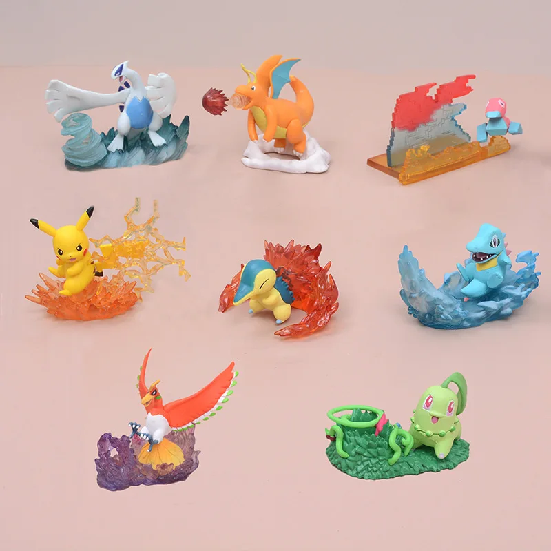 

8pcs/set Takara Tomy Pokemon Charizard Pikachu Anime Action Figure Scene Kawaii Figurine Model Desktop Doll Toy Gift For Kid