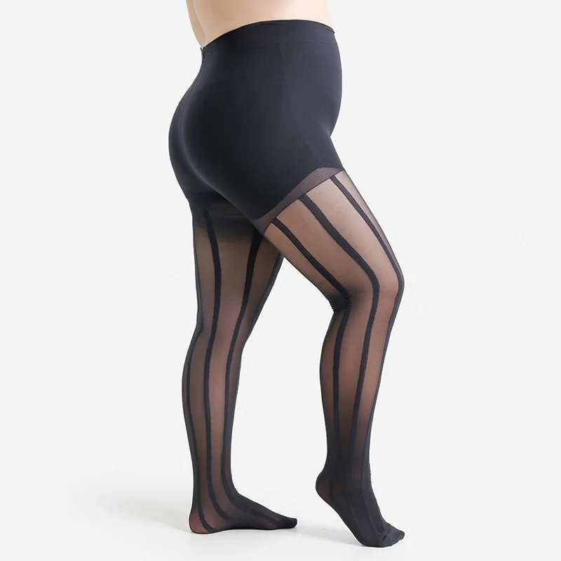 Plus Size 2XL/4XL Schwarze transparente Strumpfhose mit blickdichten vertikalen Streifen für Damen, modisches Accessoire, 20-Denier-Nylons-Strumpfhose – Detail 4