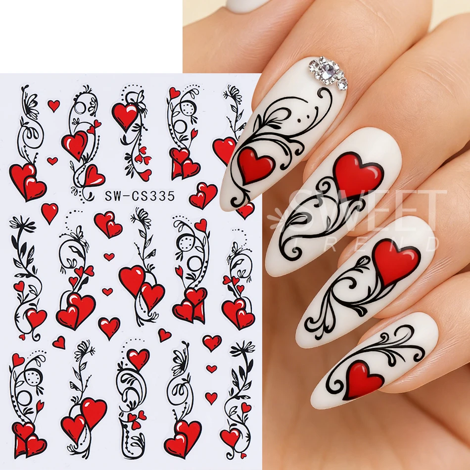 2pcs Valentine's Nail Stickers Red Love Heart Bow French Design Nail Decals DIY Elegant Adhesive Slider Manicure Decoration Tool