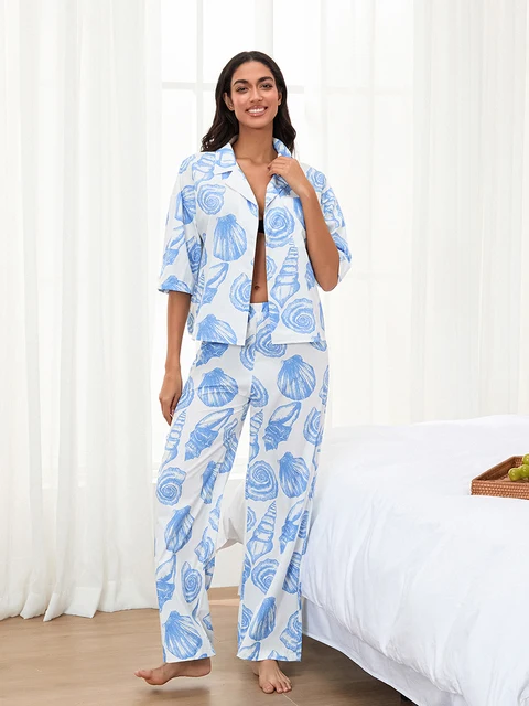 Women s Pajama Set Tropical Leaf Print Short Sleeve Button Down Tops Elastic Waist Pants 2 Piece Lounge Outfit 2