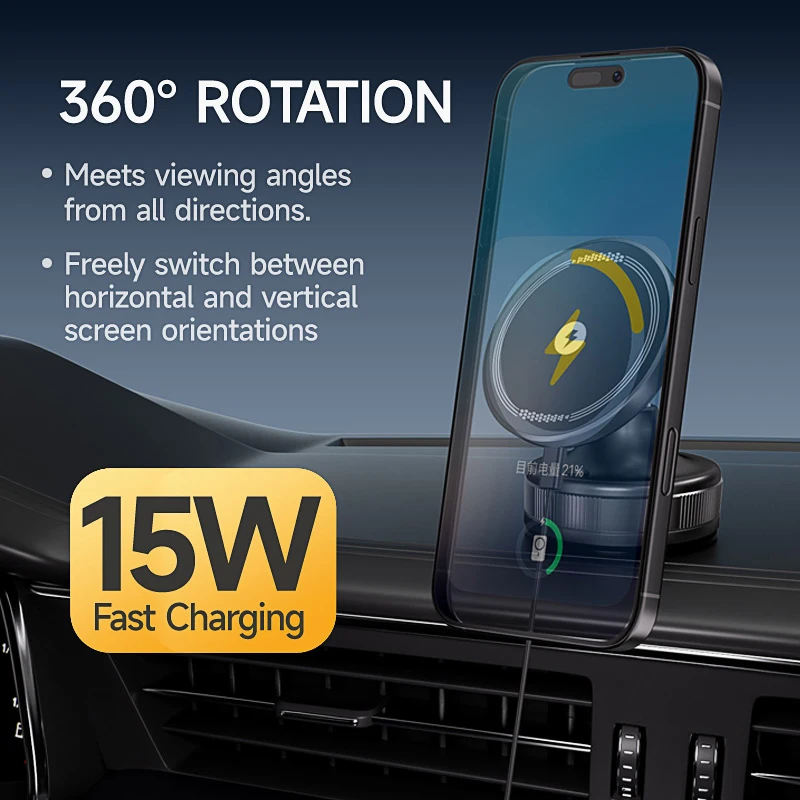 360° Rotation Car Vacuum Chucks Holder & 15W Magnetic Wireless Charger Stand For iPhone 17~12 Samsung Xiaomi Cellphone Bracket