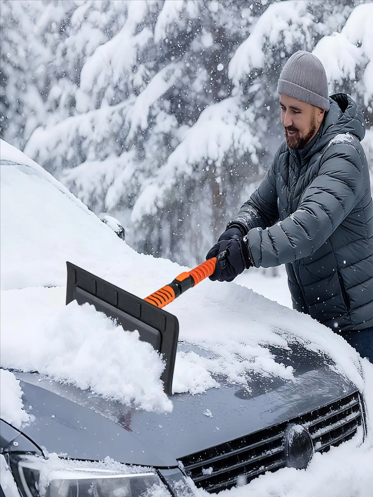 2-in-1 Ausziehbare Schneeschaufel, Schaber für Auto-Windschutzscheibe, 180° ° Drehbarer Kopf, Rutschfester EVA-Griff, Einziehbare Aluminiumstange – Detail 1