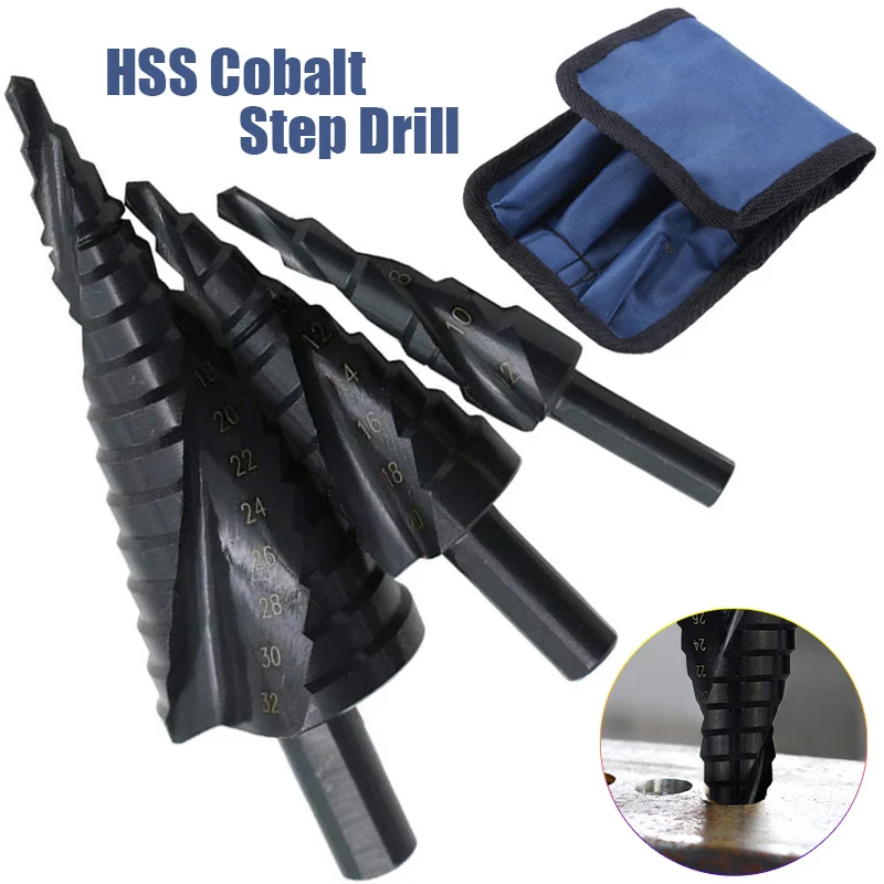 4-Piece HSS Cobalt Stepped Drill Bit Set – Black Nitride Coated – Includes Center Punch