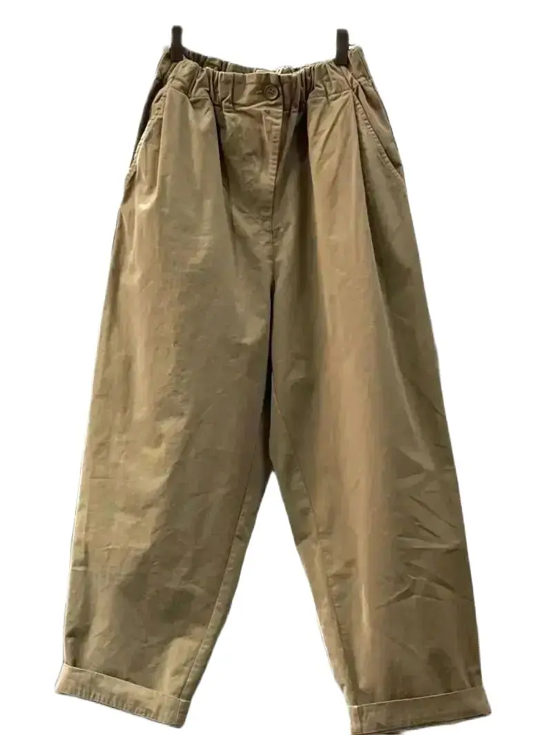 Spring And Summer New Literary And Artistic Elastic Waist Solid Color Casual  Women's Loose Straight Leg Thin Nine-point Pants