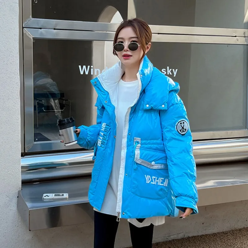 2023 New Women Down Cotton Coat Winter Jacket Female Keep Warm Thick Parkas Loose Short Outwear Fashion Bright Hooded Overcoat