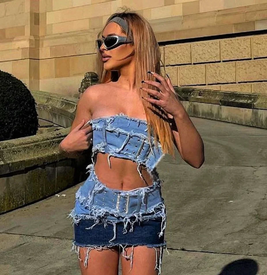 

Ripped Denim 2 Piece Sets Dress Summer Women Clothes Y2K Streetwear Jean Dressed Sexy Crop Tops Mini Skirt Two Pieces Set Outfit