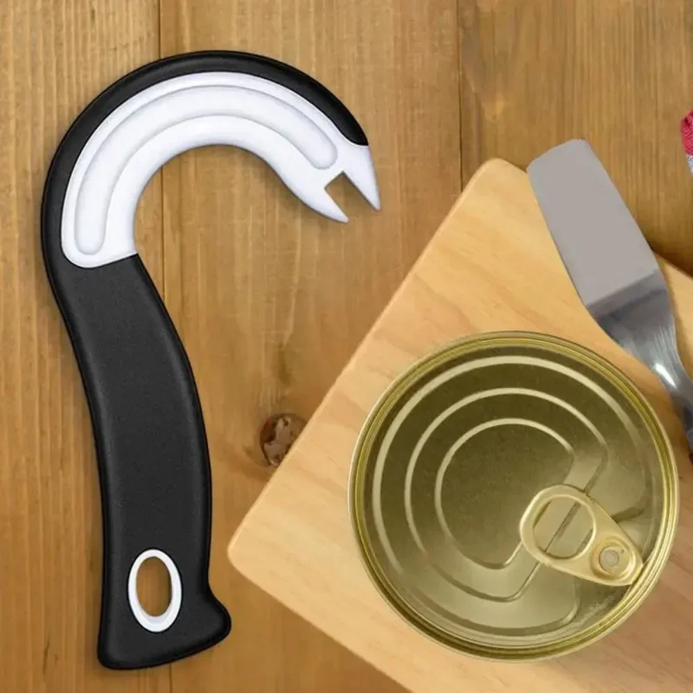 Multifunction Ring Pull Can Opener J-Shaped Easy Grip Lid Opener for Tab Cans Tins Bottles Kitchen Essential Tool