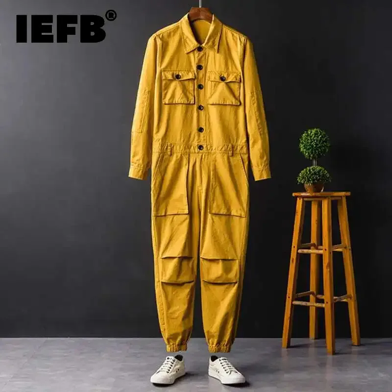 IEFB Men's Jumpsuit Long Sleeve Workwear Single Breasted Lapel Cloth New Summer Autumn Male Trousers Trendy Menwear 9C600 men rompers