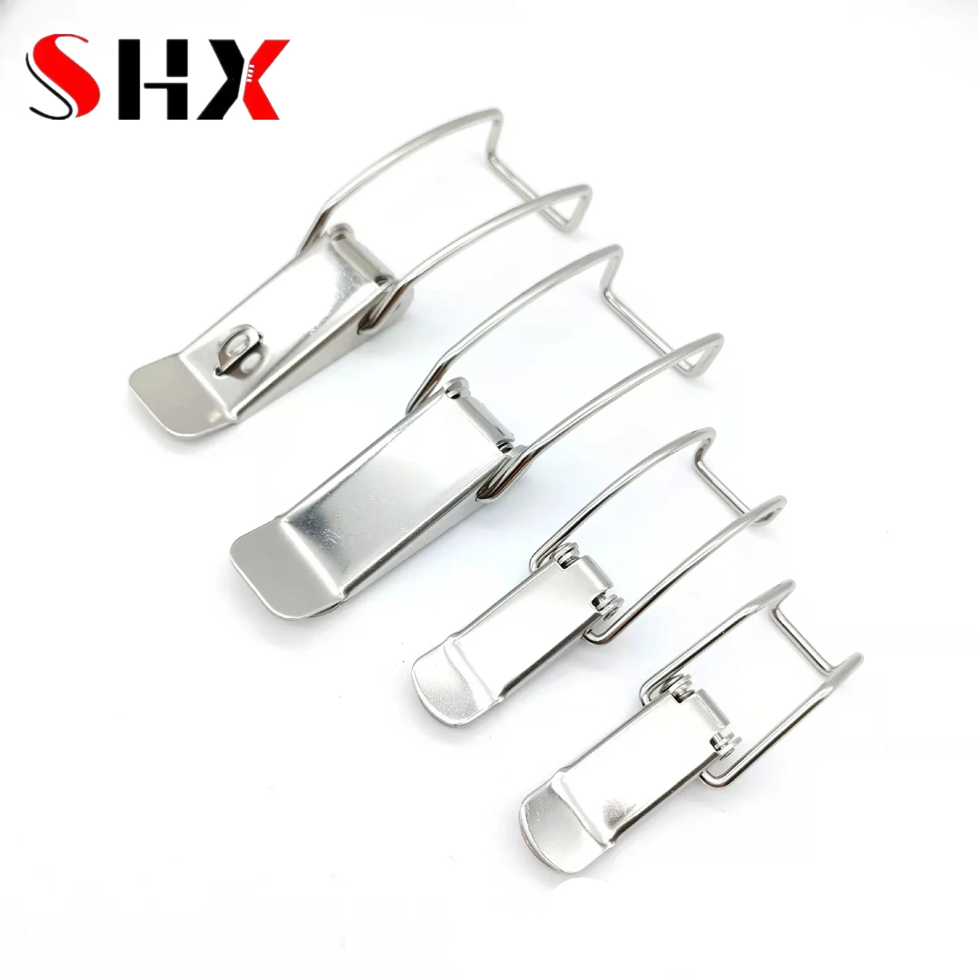 2Pcs Duck-mouth Buckle Hook Wooden Box Hasps Clamp 90 Degrees Silver Metal Spring Catch Clasp Loaded Draw Toggle Clamp Hasps furniture hardware toggle latches buckle clamp