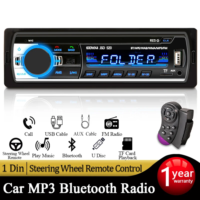 Car Radio 1 din Stereo Multimedia MP3 Player Digital Bluetooth FM ISO Power Aux Input USB Universal Autoradio