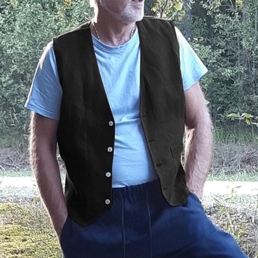 Casual Vest for Men Comfortable Linen Man Casual Fishing Sleeveless Vests Retro Waistcoat Male Summer Clothes Solid Color Design 6