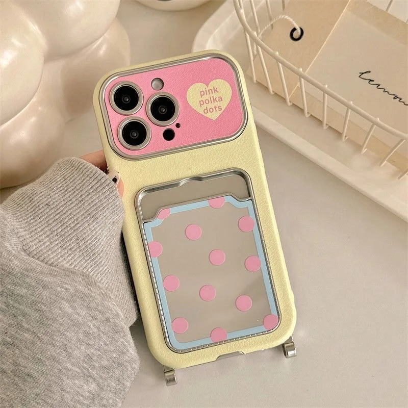 Chic Polka Dot Phone Case with Card Slot & Lanyard - Kawaii Shockproof Aesthetic Cover