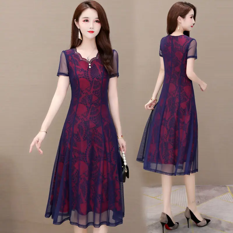 

Mesh floral dress for women 2023 summer casual slim and elongated dress v neck short sleeve printed patchwork dress female tops