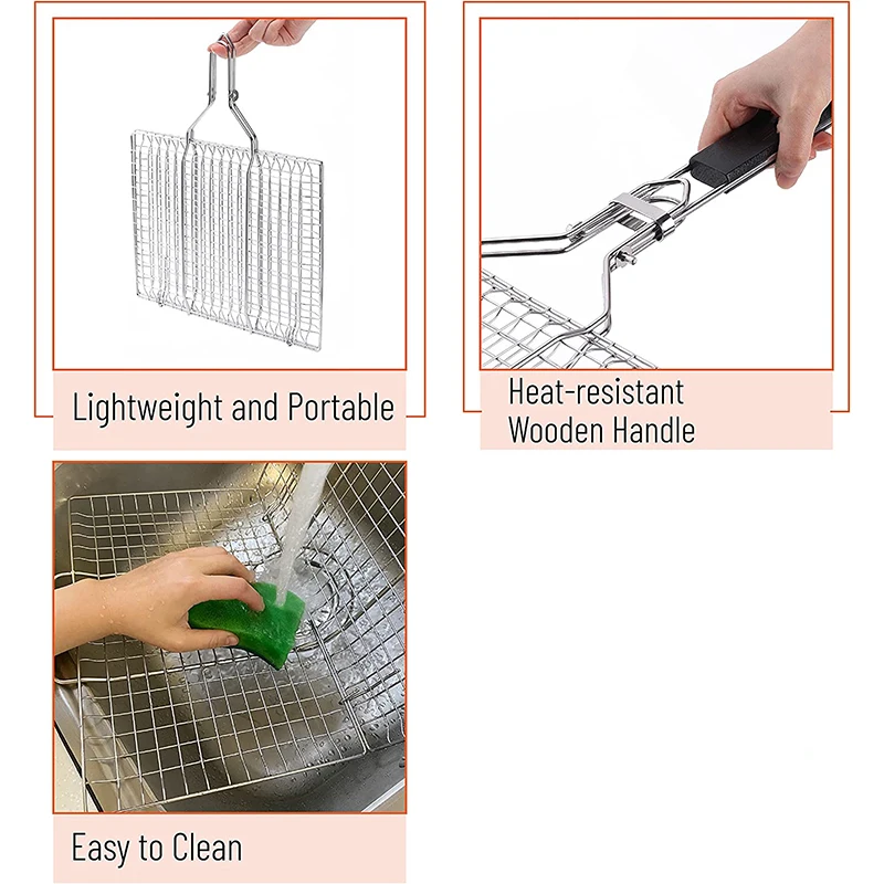 LMETJMA Foldable Grill Basket Portable Stainless Steel BBQ Barbecue Grilling Basket With Removable Handle Steak Fish JT59