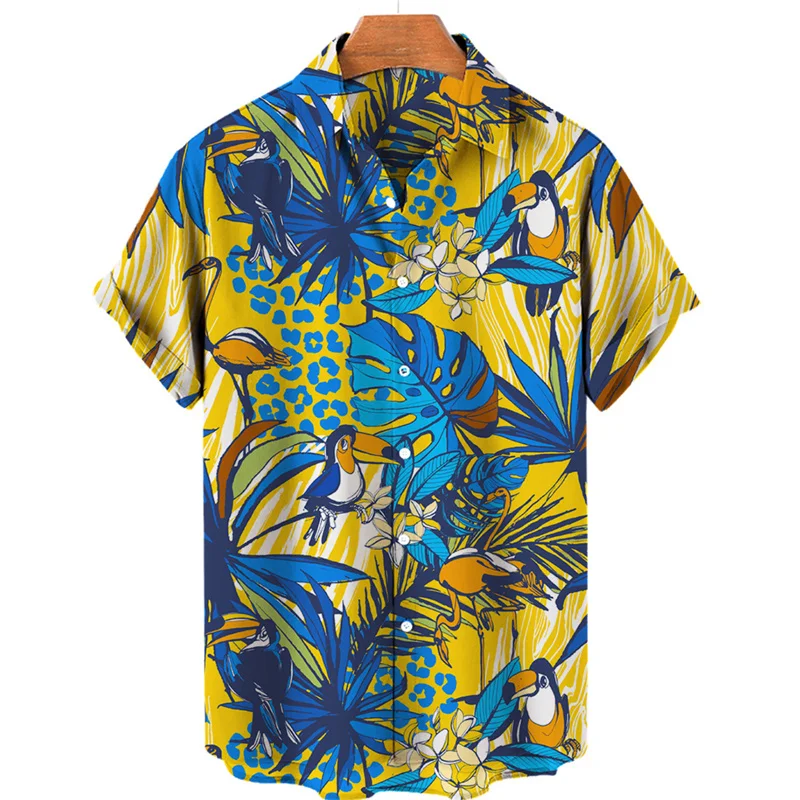 Tropical Jungle Flamingo 3d Print Hawaiian Shirt For Men Summer Street Short Sleeves Tops Harajuku Lapel Button Loose Blouse 2