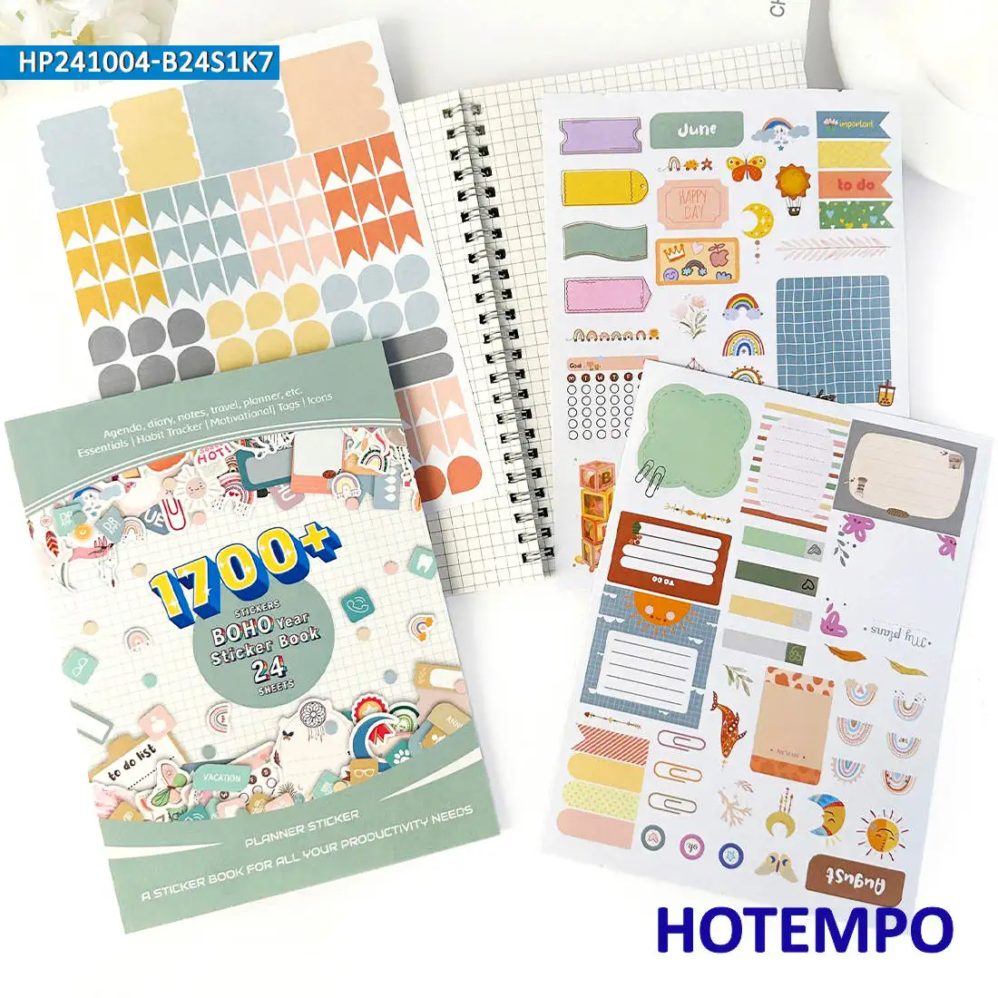 1700 조각, 레트로 수채화 보헤미아 스타일, 연간 계획 스크랩북, 플래너 스티커 북, 전화, 노트북, 문구, 일기, 일, 팀, 일기, 유리에 적합합니다, 노트북 스티커