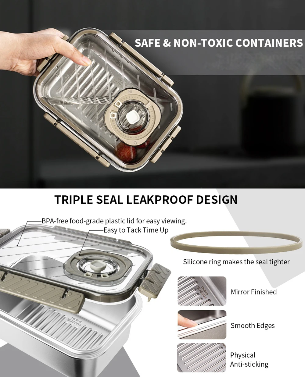 3pcs/Set Medium Size Stainless Steel Food Storage Containers Preservation Box (1000/1700/2200ML)