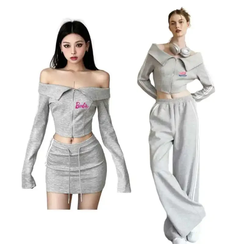 

Пикантная куртка на молнии с героями аниме Барби, Милая женская модная короткая юбка с длинным рукавом, комплект из 2 предметов, милые уличные спортивные брюки