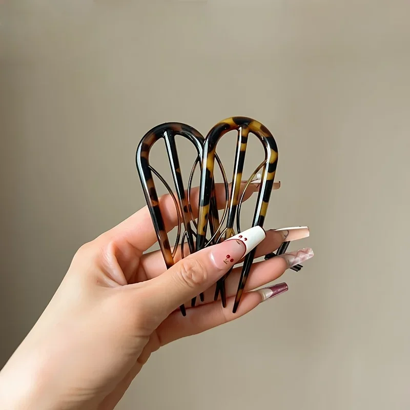2-Pack U-Shaped Hair Pins, Elegant Minimalist Oval Leopard Print Hair Accessories for Valentine'S Day