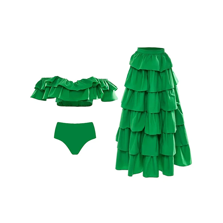Strapless Ruffle Green Two Piece Swimsuit 2023 Solid Color Bikinis And Beach Dress Women's Holiday Luxury Bathing Suit Beachwear
