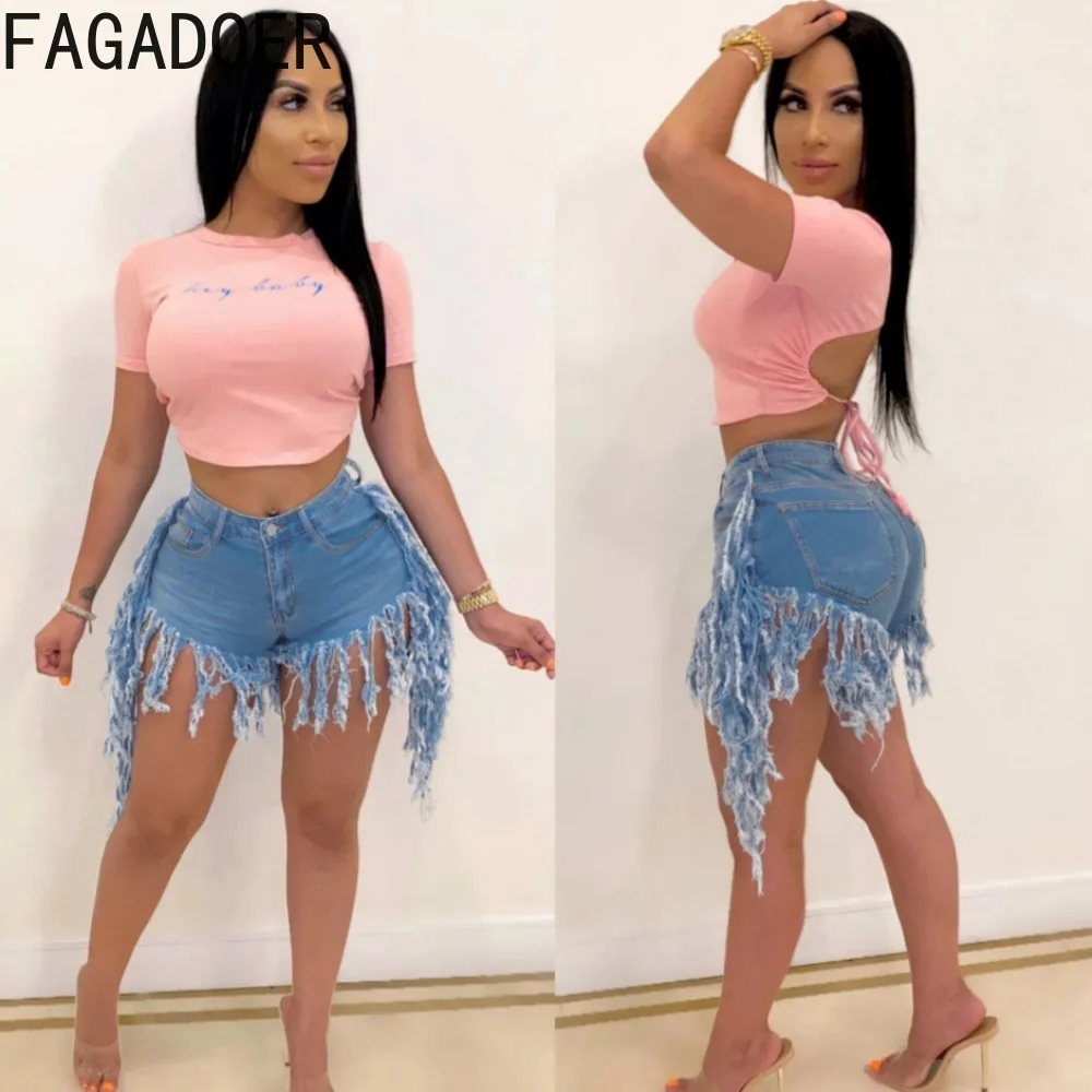FAGADOER Summer New Denim Tassels Shorts Women High Waisted Button Elasticity Skinny Shorts Fashion Female Solid Cowboy Bottoms