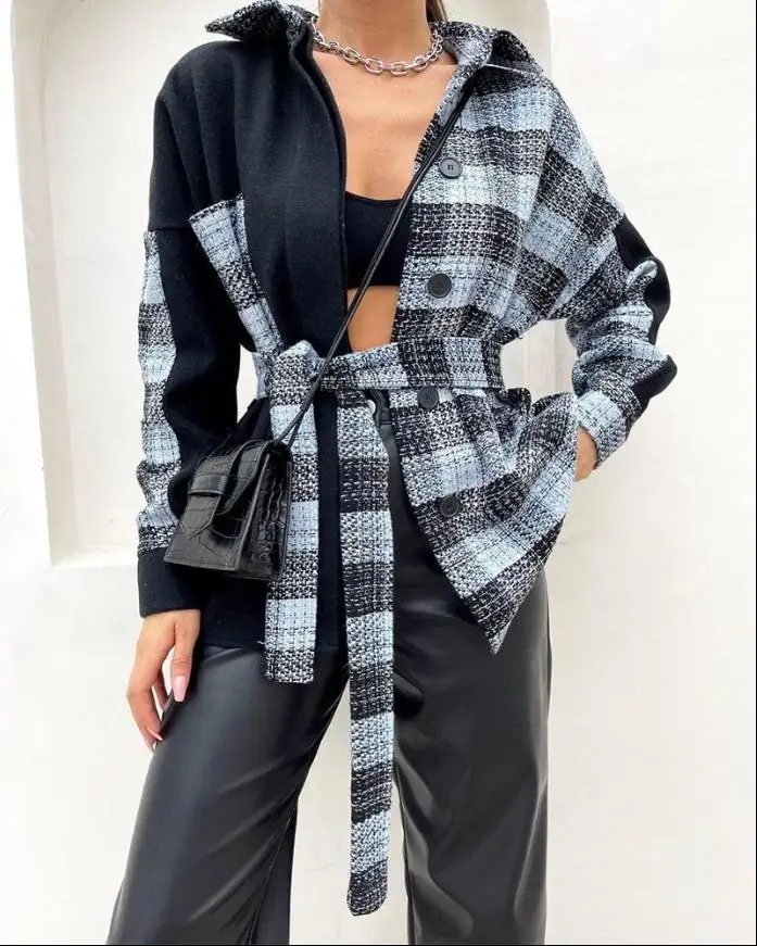 

Women's Fashion Leisure Spring/summer 2024 New Plaid Print Colorblock Button Front Shacket with Belt Front Coa