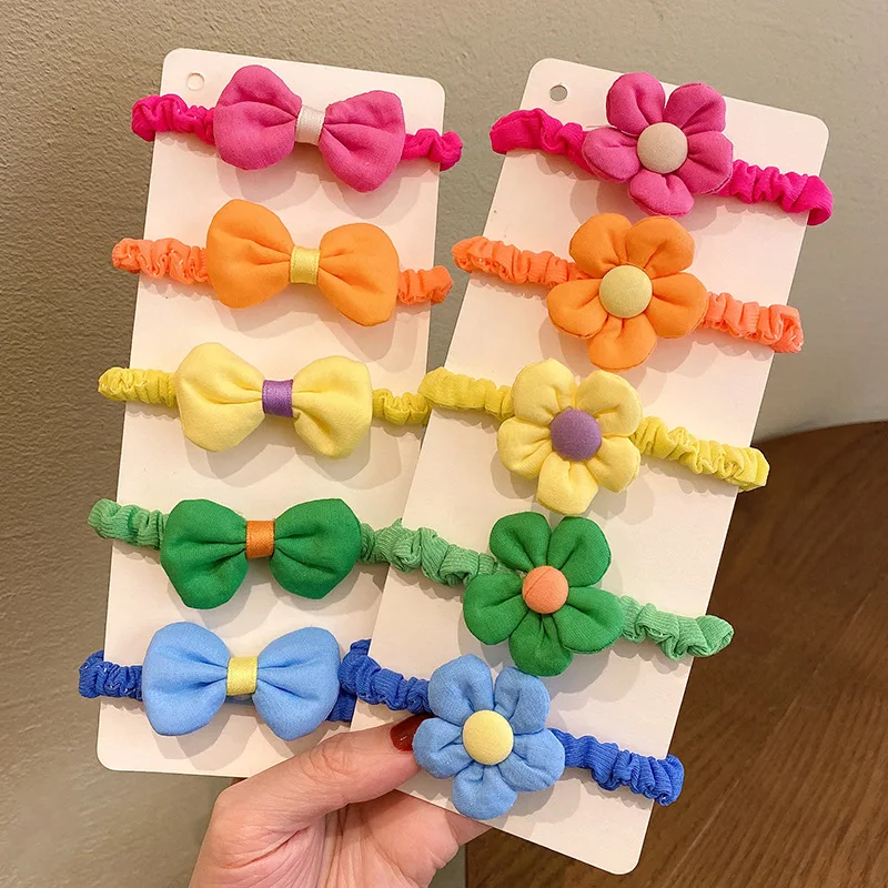 

5 Colors Flower Bow Tie Smiley Face Fabric Cloth Girls Children Tied Rubber Band Headband Fashion Hair Rope Hair Accessories