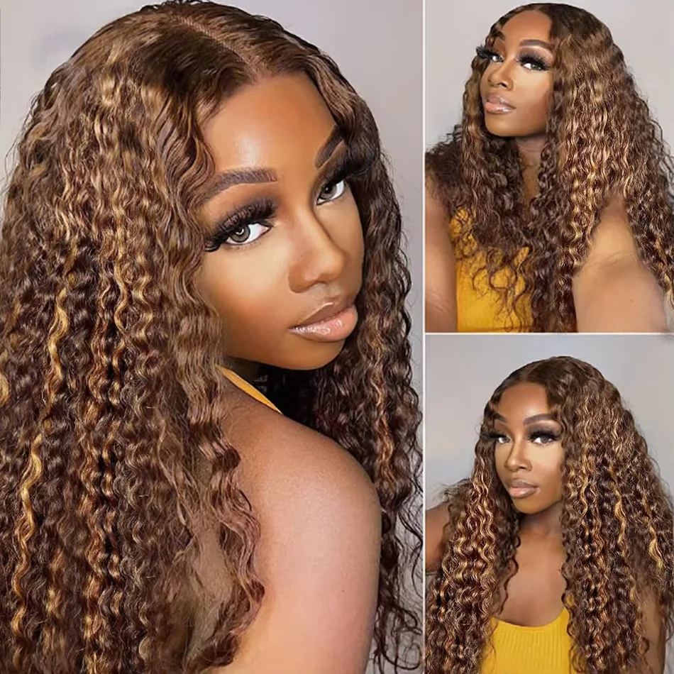 4/27 Highlight Curly Brazilian Hair Weaves Bundles with Frontal 13x4 Lace 3 Pcs Bundles with Closure Deep Wave Human Hair Bundle