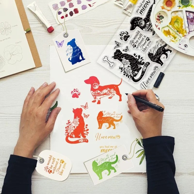 Dogs Cat Silhouette Clear Stamps for DIY Scrapbooking Flowers Landscape Silhouette Silicone Clear Stamp Seals for Cards Making clear stamps clear rubber stamps