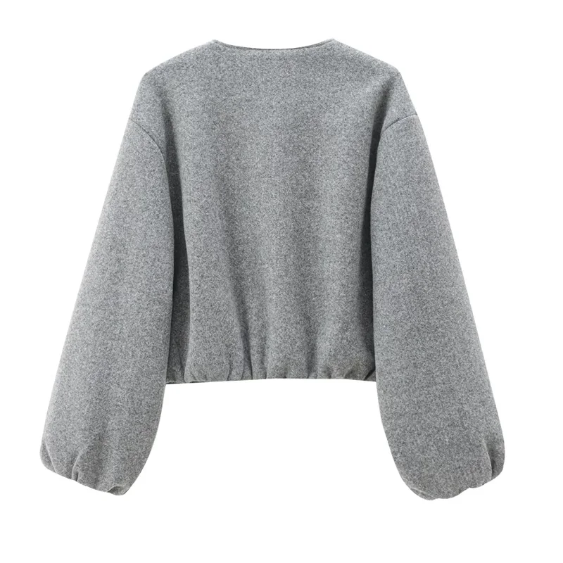 TRAF Outerwears Cropped Bomber Jacket Women Autumn Long Sleeve Faux Wool Coats For Woman Winter Zip Up Gray Beige Short Coats 3