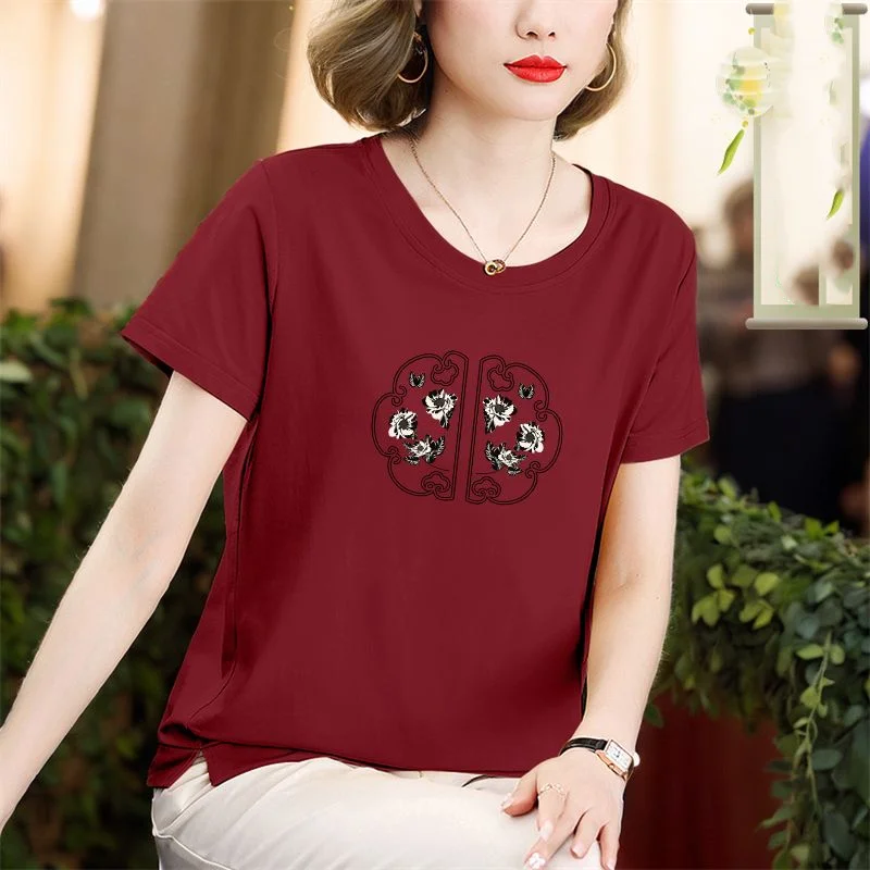 2024 New Women's Summer Pure Cotton Short Sleeve Elegant Chic Loose Casual Crew Neck Solid Color Printed Work Wear T-shirt Tops