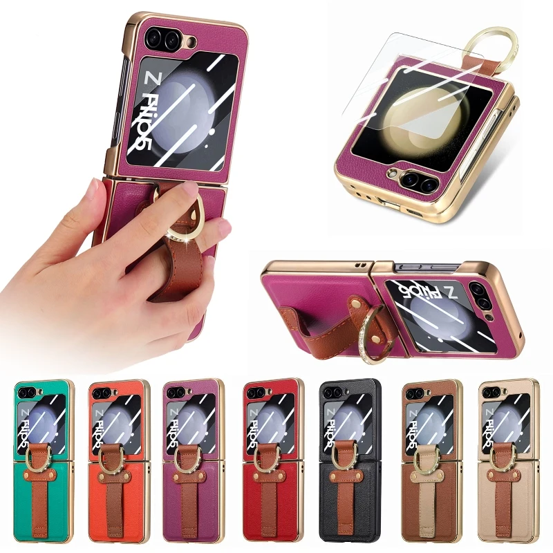 

Vertical Flip Cover With Tempered Film Phone Case For Samsung Galaxy Z Flip 5 Inlay Diamond Finger Ring Folding Phone Cover
