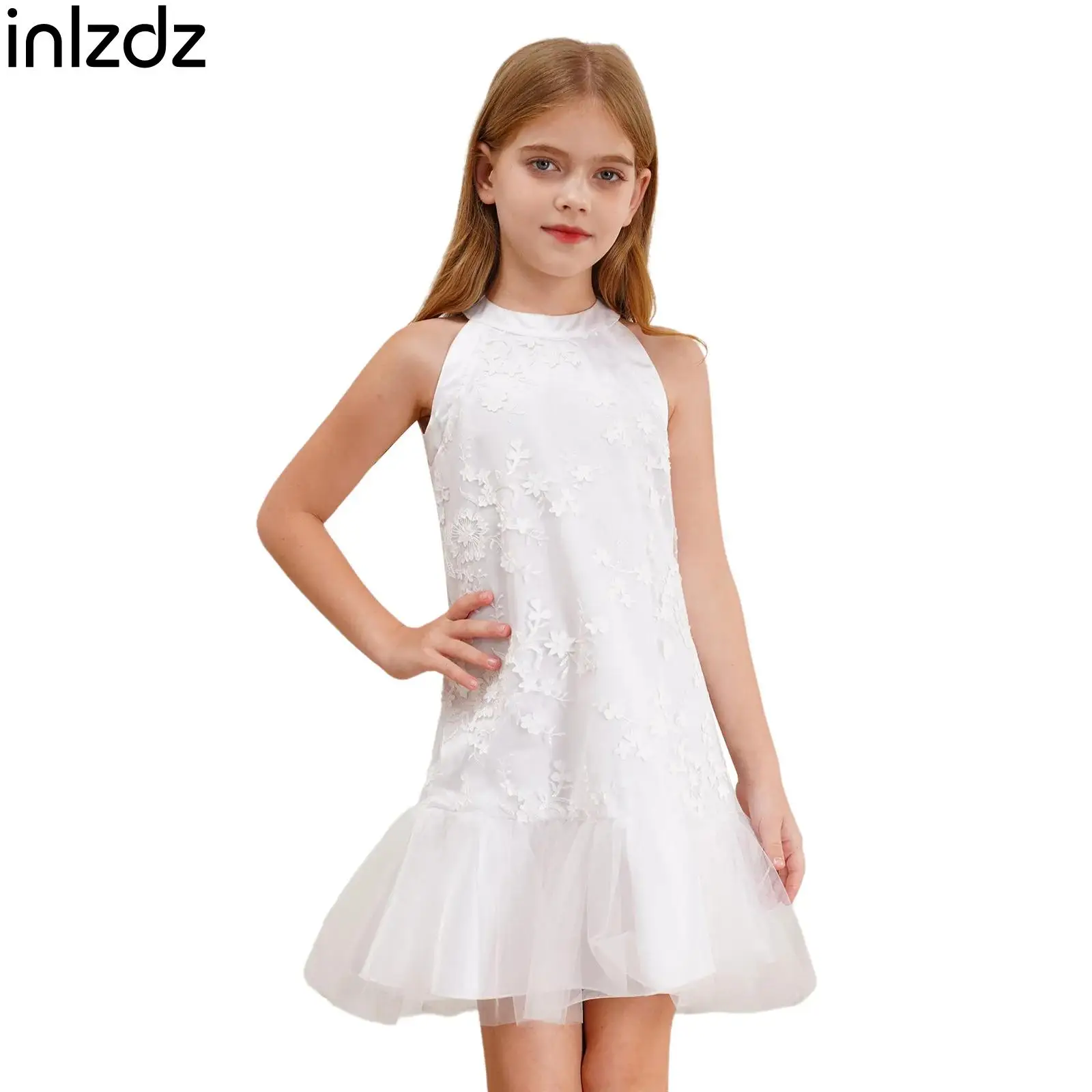 

Kids Girls Sleeveless Applique Embroidery Elegant Flared Dresses Ruffled Tulle Hem Dresses for Wedding Ceremony Flower Girls