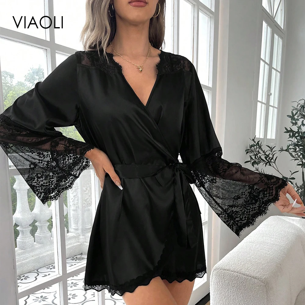 Women Summer Sleepwear Satin Nightgown Long Sleeve
