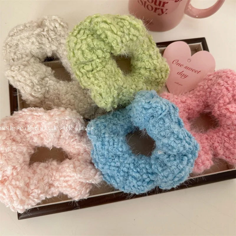

New Lamb Fur Scrunchies Large Solid Color Furry Hair Ties Rubber Bands Ponytail Holder Elastic Hair Band Women Hair Accessories