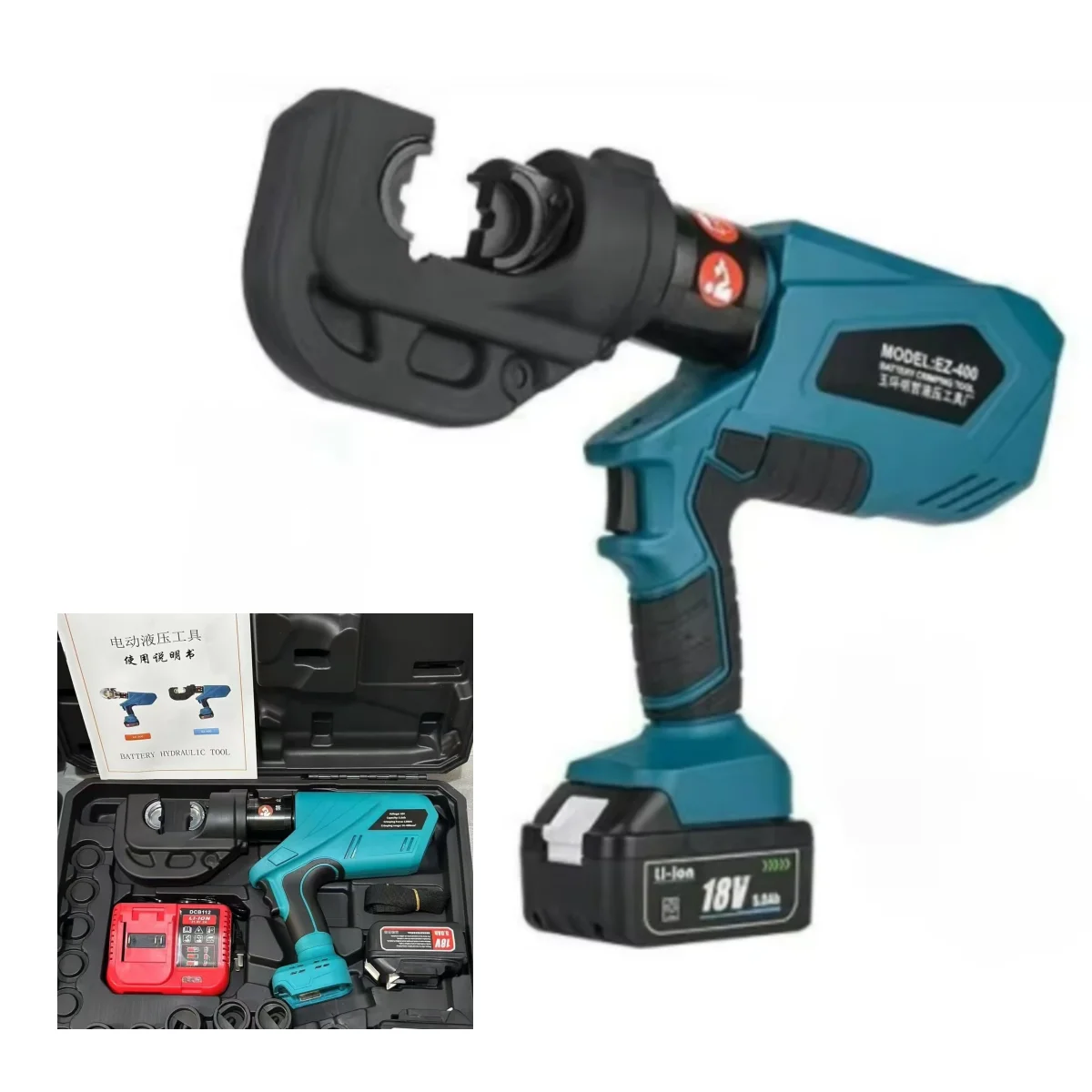 Pince à Sertir Hydraulique Rechargeable 18V – électrique Pour Câbles 10-300mm² – Kit De Sertissage Avec Batteries Et 12 Matrices