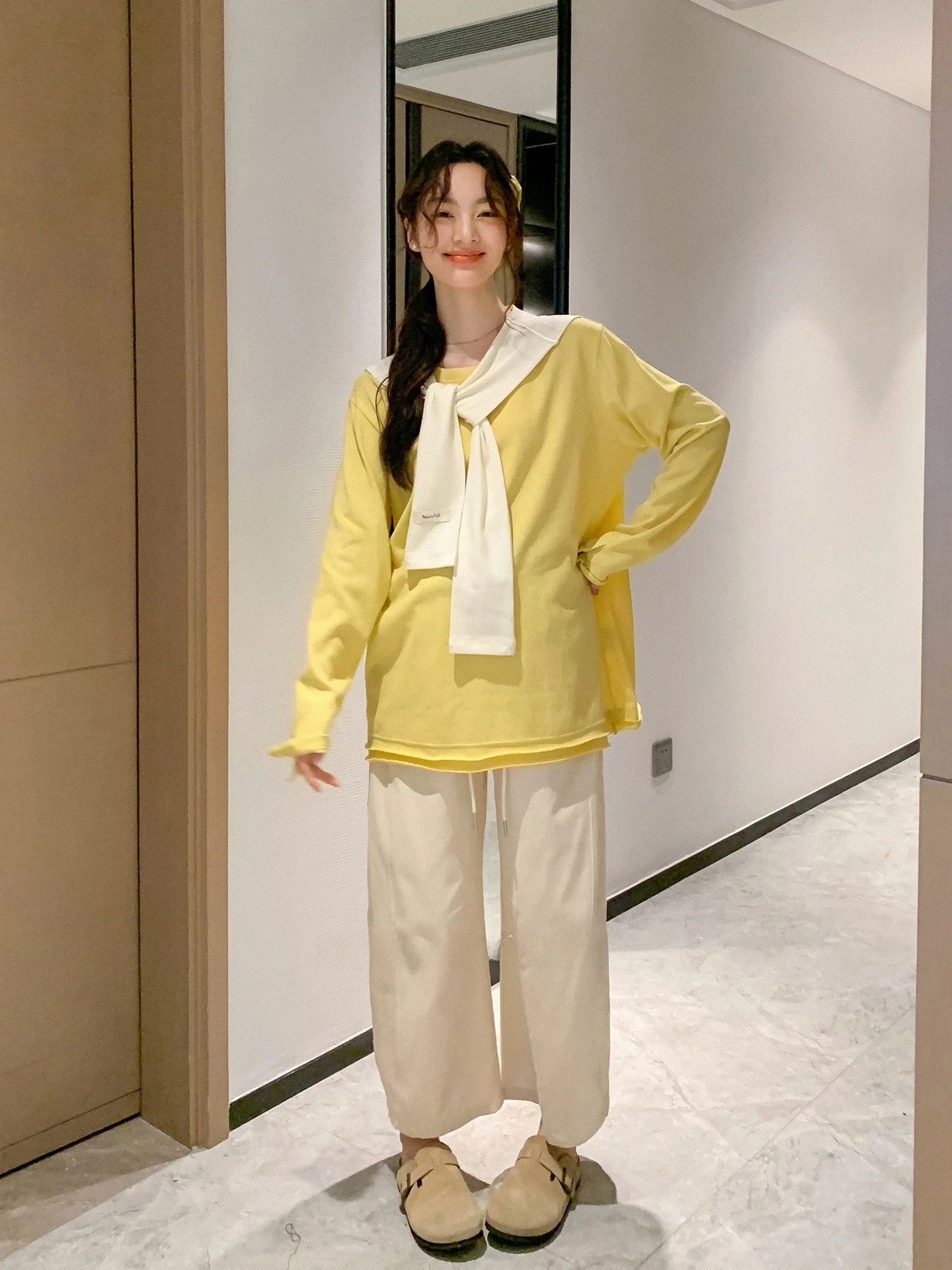 노추 한국 스타일 드로스트링 임산부 와이드 레그 팬츠 봄 가을 배꼽 지지 루즈 스트레이트 슬리밍 배 가리개 캐주얼 팬츠
