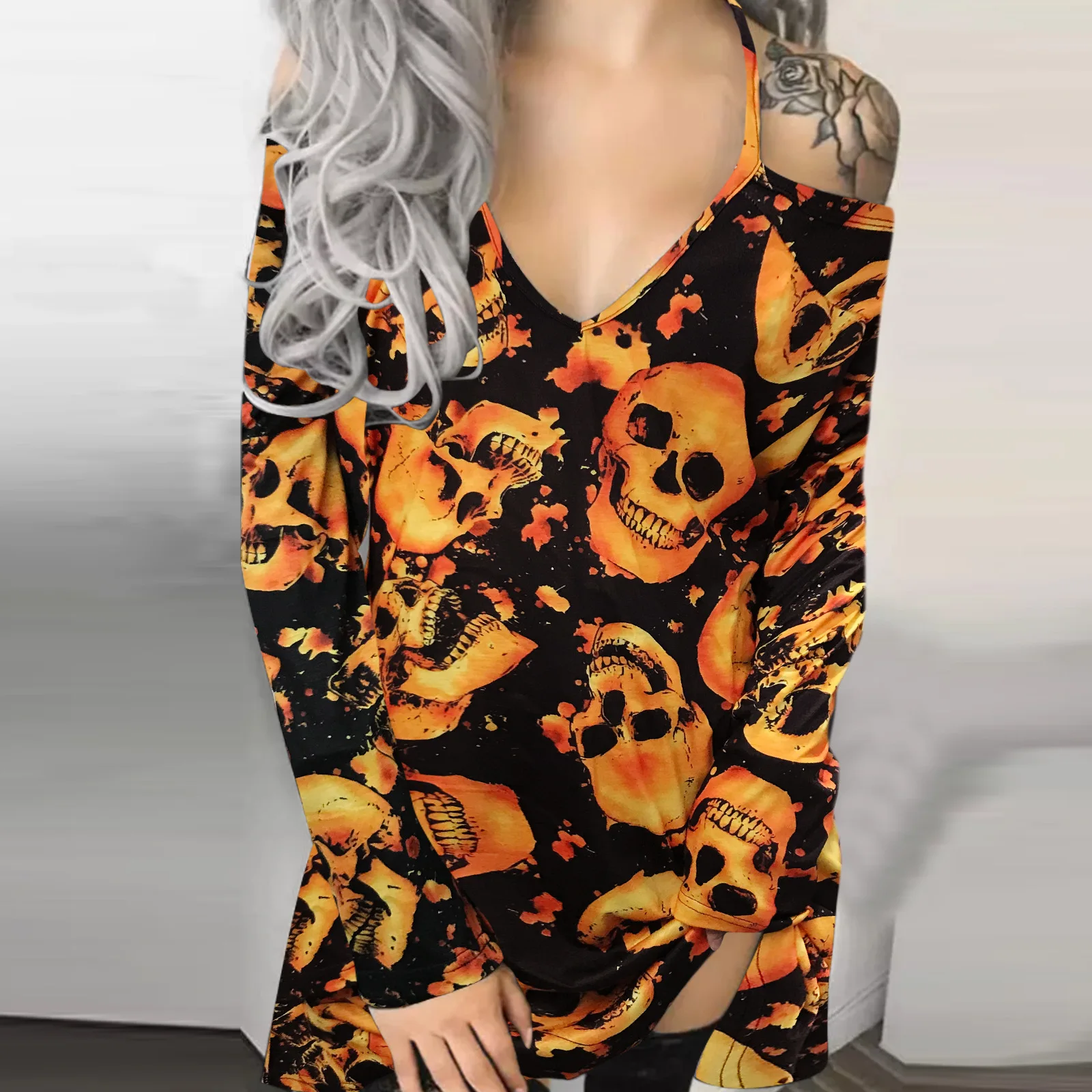 

Halloween Skull Print Spaghetti Strap Dress Off Shoulder Vintage Sexy Mini Dresses Women Y2K Streetwear Dark Goth Punk Clubwear