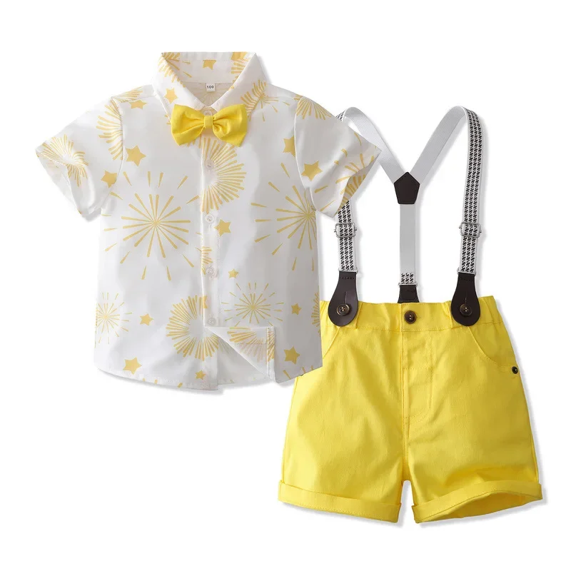 Completino Bimbo Neonato 2 Pezzi Estivo - Camicia Bianca Stampa Floreale Con Fiocco E Pantaloncini Rossi