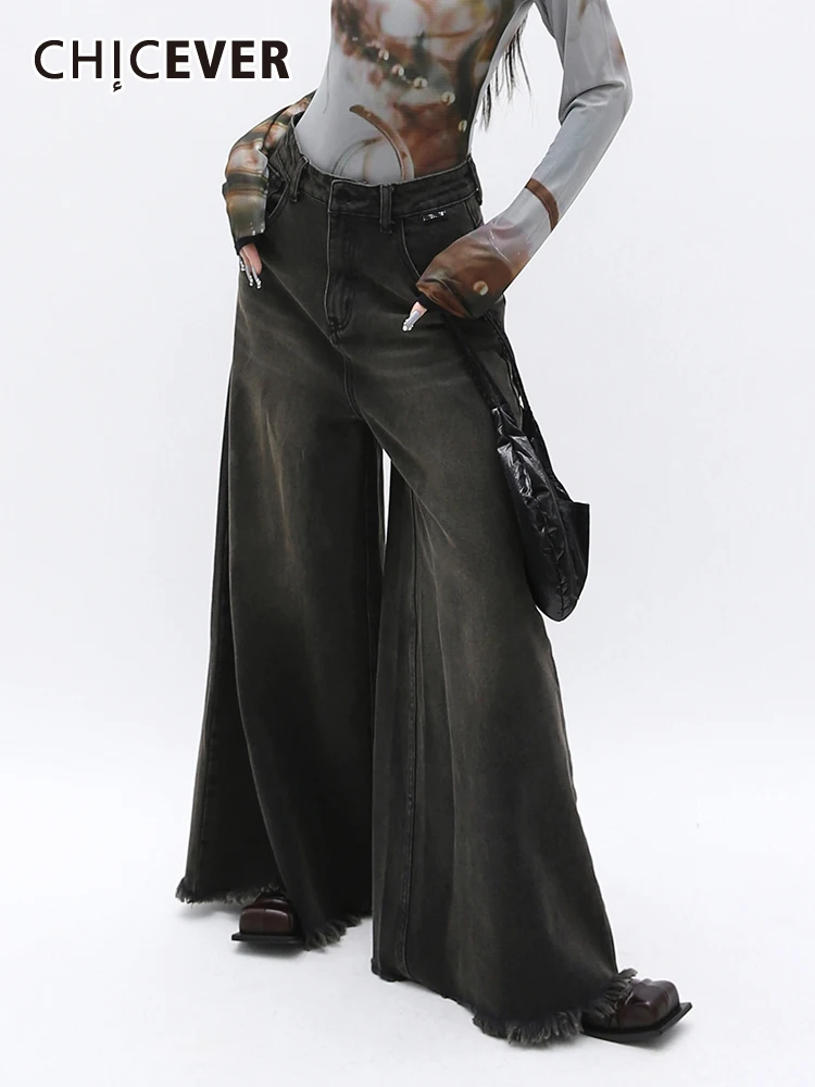 

CHICEVER Patchwork Raw Hem Vintage Jeans For Women High Waist Streetwear Do Old Denim Wide Leg Pants Female Autumn Clothing New