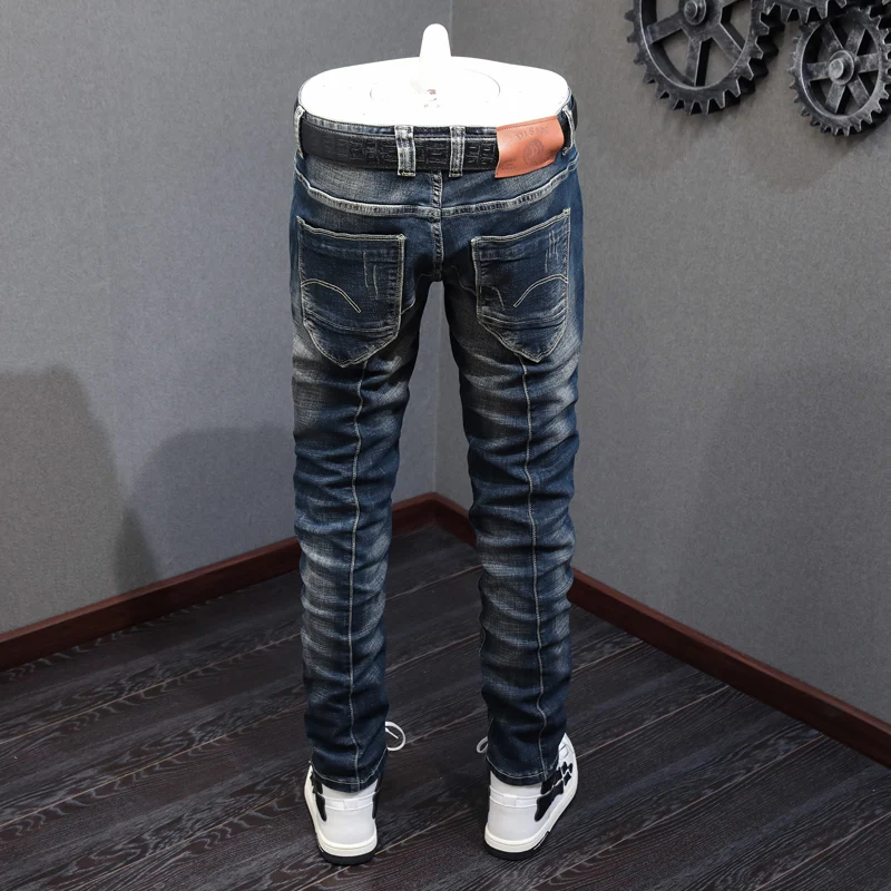 Fashion Vintage Men Jeans High Quality Retro Black Blue Elastic Slim Ripped Jeans Men Spliced Designer Denim Biker Pants Hombre