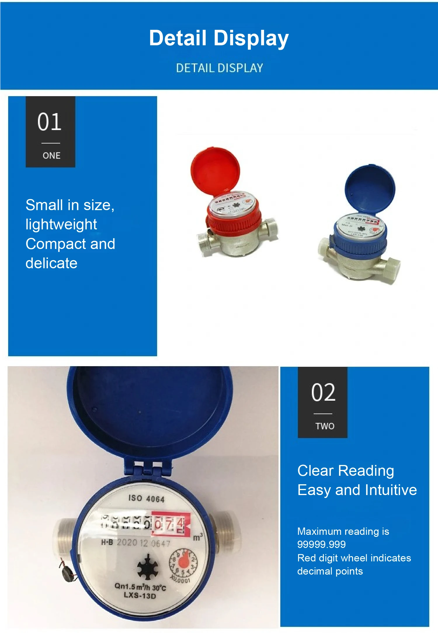 LXSG-13D ISO4064 Class B Single Jet Water Meter Dry Dial Brass Nickel Plated Mag