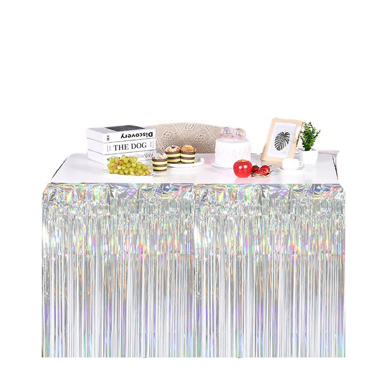 Metallic Foil Fringe Tinsel Disposable Laser Rainbow Table Skirt Iridescent Party Decorations for Birthday Wedding Holiday Decor