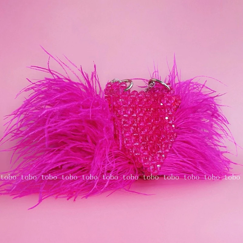 

Spring New Fashion Ostrich Hair Evening Party Handbag Woman Beaded Woven Flap Luxury Designer Handbag Niche Women's Wallet