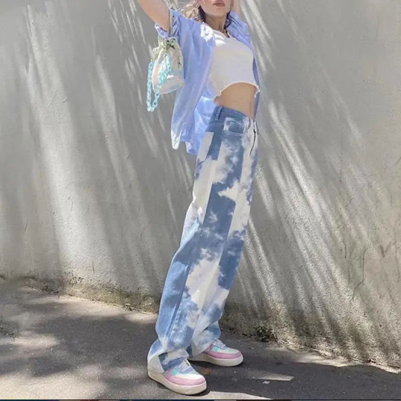 

Blue Tie Dye Print High Waist Baggy Mom Jeans Women Wide Leg Y2k 90s Streetwear Clothing Boyfriend Style New Vintage Denim Pants