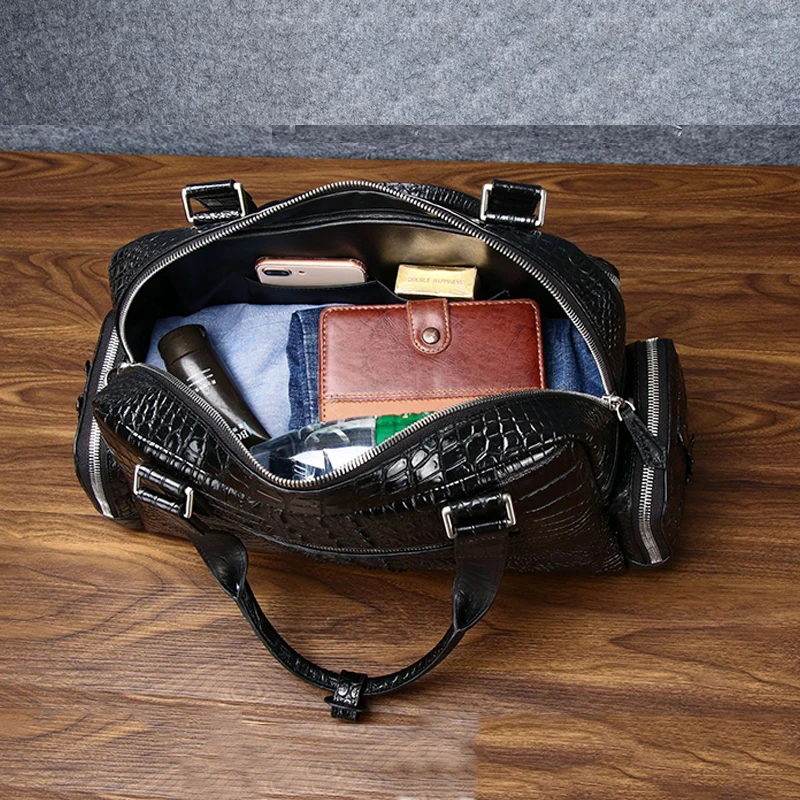 Crocodile pattern cowhide men's travel bag genuine leather handbag large capacity business travel luggage bag shoulder Tote bag